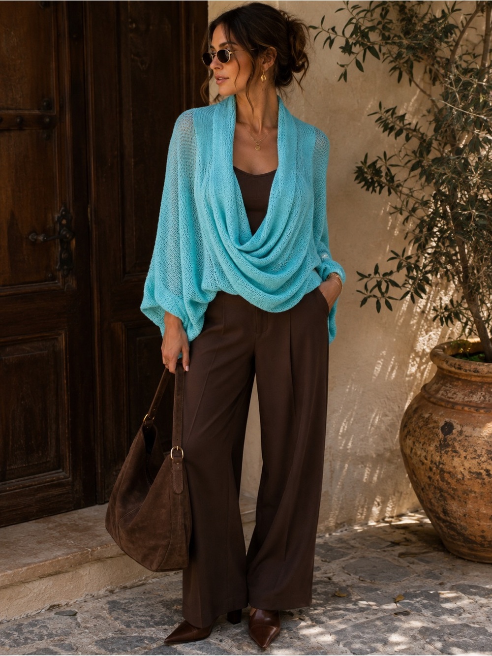Vintage Aqua Draped Cocoon Cardigan Convertible Open Knit Lucie Bournival